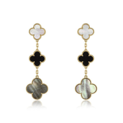 [Super Jewellery]CLOVER EARRINGS GOLD ONYX MOP 3 MOTIF