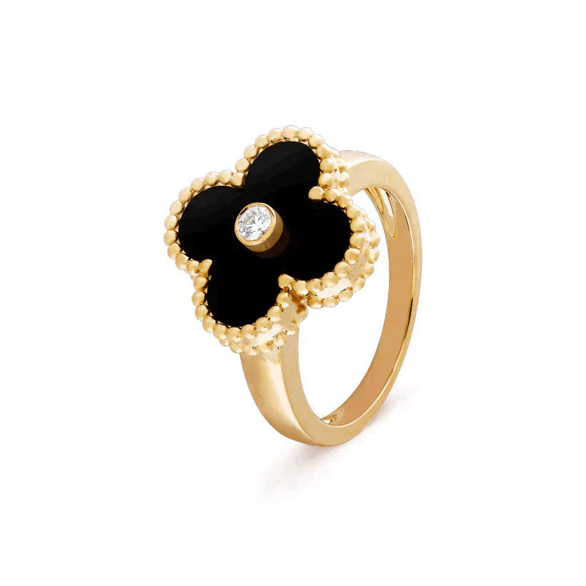 [Super Jewellery]CLOVER ONYX RING GOLD DIAMOND